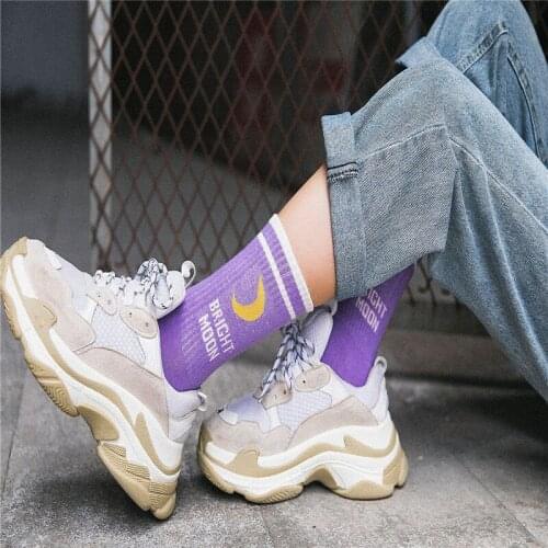 Two Bar Stripes Moon Cotton Socks Korea Harajuku English Letters Women Socks Funny Socks Hip Hop Skateboard Crew Sock