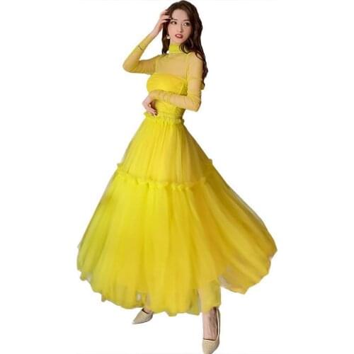 New Ladies Mesh 2 Piece Set Spring Runway Women Long Sleeve Turtlenecks T-shirt Tops + Ball Gown Long Skirt Two Piece Set Suit