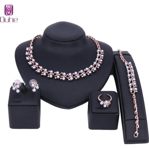 OUHE High Quality Classic Imitation Pearl Necklace Gold-Color Jewelry Set Women Clear Crystal Elegant Party Gift Fashion Costume