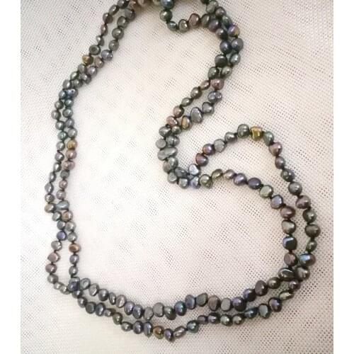 160cm 63'' Women Jewelry long necklace 6x7mm black brown gray colors flat pearl handmade Real cultured freshwater pearl gift