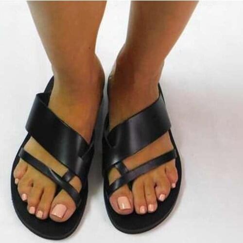 2020 Summer Women Slippers Pu Leather Flip Toe Flat Thick Sole Beach Outdoor Flip Flops Casual Retro Sandals Ladies Shoes Female