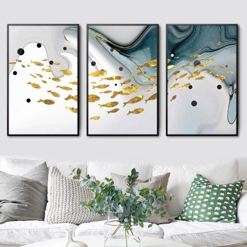 Modern Abstract Nordic Style Gold Foil Fish Blue Texture Canvas Print Painting Poster Wall Art for Living Room Home Decoration