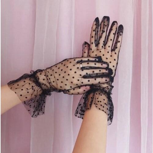 5 Colors Lace Lotus Leaf Mesh Thin Gloves Transparent Tulle Women Full Finger Short Wedding Mittens