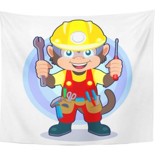 Yellow Helmet Blue Cartoon Construction Monkey Red Character Boots Energetic Tapestry Home Decor Wall Hanging for Living Room