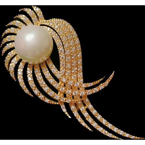High Quality Cubic Zirconia Brooches Womens Jewelry Dropshipping Fashion Beautiful Gold Color Large Feather Brooch Pins