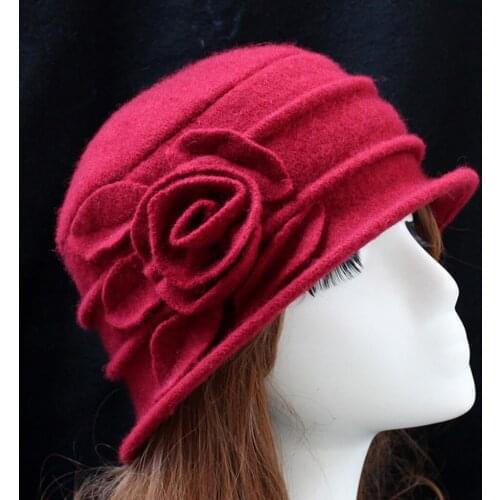 Womens Ladies Elegant Wool Flower Hat Winter Vintage Cloche Bucket Cap