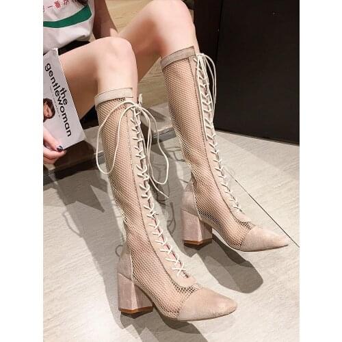 Womens shoes boots autumn 2020 breathable mesh lace-up hollow high-heel zipper knee-length boots