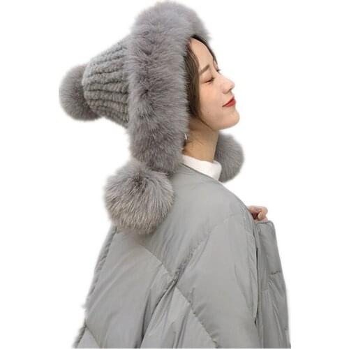 Winter womens hat of Real mink fur and genuine fox fur new design winter hats red white color pompom hat for girl