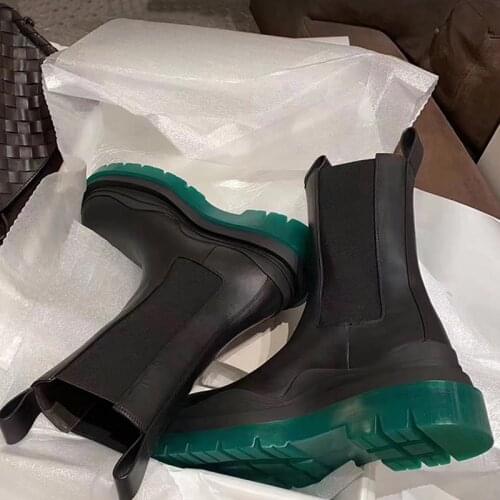 Black Genuine Leather Thick Sole Chelsea Boots Women red green sole Flat Short Boots Slip On Motorcycle ankle Boots for women