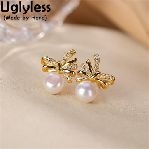 Uglyless Lovely Crystals Bowknots Studs Earrings Women Natural Pearls Earrings Organic Gems Freshwater Pearls Brincos 925 Silver