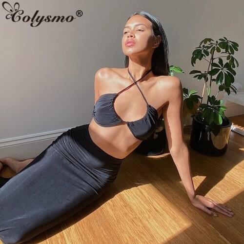 Colysmo Summer Long Skirts Two Piece Set Women Black Halter Backless Crop Top High Waist Pencil Skirt Party 2 Piece Outfits