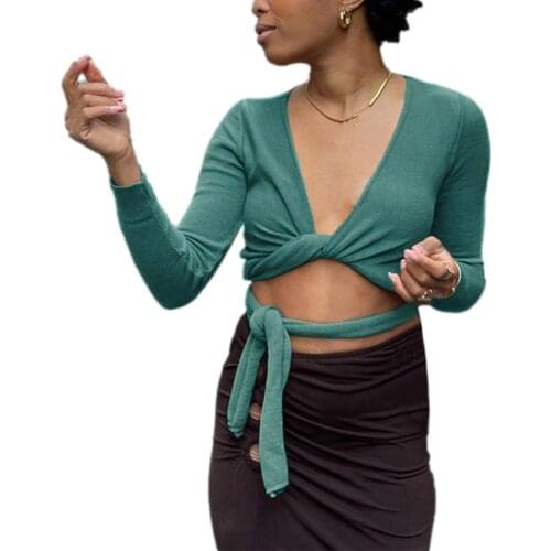 Women Sexy Tie-up Cardigan Solid Color Long Sleeve Deep V-neck Crop Tops Caramel/ Dark Green