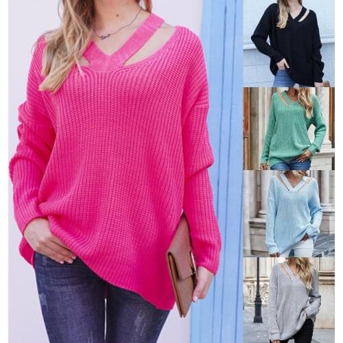 2020 Women Autumn Winter Hollow Out Loose Sweater V Neck Long Sleeve Knitwear Jumper- Rose Red Green Fashion Female Streetwear