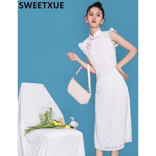 SWEETXUE Female 2021 Chiffon Jacquard Cheongsam Long Elegant Girl Cute Dresses
