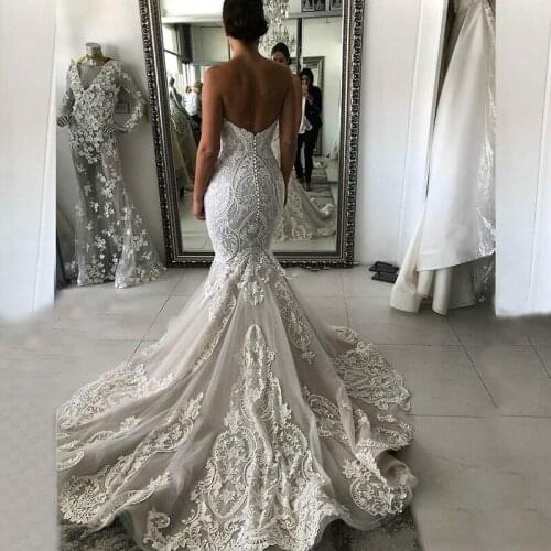 2021 New Arrival Elegant Mermaid Lace Sleeveless Bridal Wedding Gowns Sweetheart Wedding Dresses for Bride Open Back Appliqued