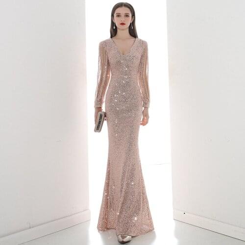 Elegant Beads Sequin Long Sleeve Mermaid Evening Dress 2020 New Champagne Silver Long Evening Party Dress cheongsam