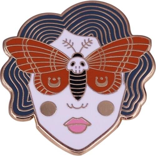Skull Moth Girl with Crescent Moon Details Hard Enamel Pin Beautiful Spooky Art Accessory