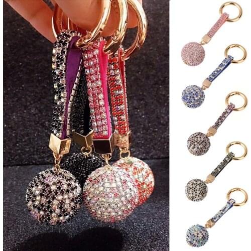 1PC Women Rhinestone Crystal Leather Ball Keychain Charm Car Pendant Bag Key Ring Keyfob Keychain for Women