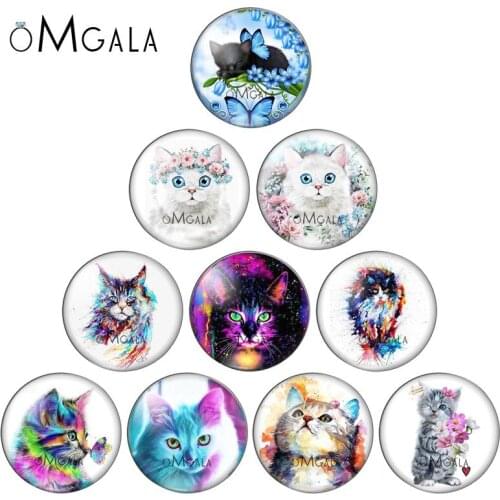 10pcs/lot Colorful Cartoon Cats Art Darwing for Animal Lover Handmade Photo Glass Drop Style Cabochons Jewelry Accessories
