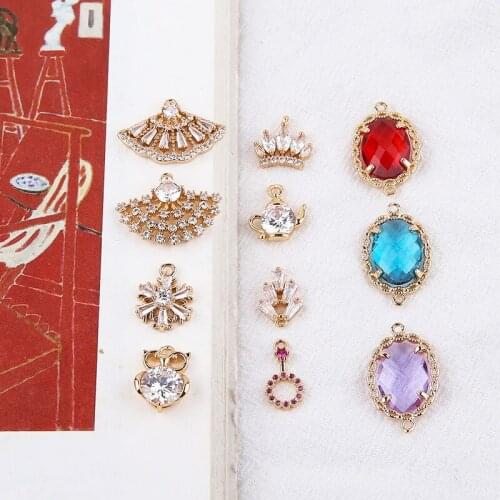 6pcs Diy Accessories Accessories Copper Plated 18k Real Gold Zircon Snowflake Leaf Crown Ear Stud Pendant Material
