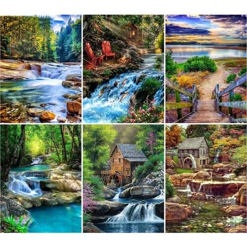 LZAIQIZG Diamond Painting Waterfall Full Square Drill Diamond Embroidery Landscape Mosaic House Needlework Handmade Gift