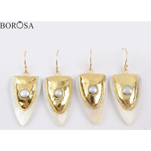 BOROSA New 5Pairs Natural White Shell & Pearl Earring Geometric Mother of Pearl Shell Drop Earring Jewelry for Women G1916-E