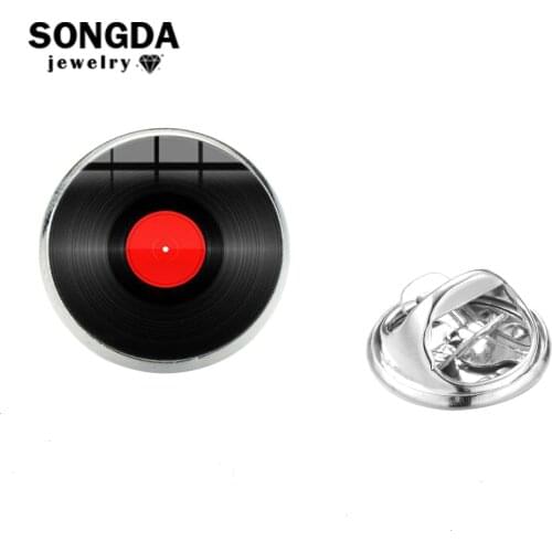 SONGDA Old-fashion Record Brooches Classic 80s Vintage CD Design Glass Cabochon Lapel Pin Gift for Music Lovers Handmade Jewelry