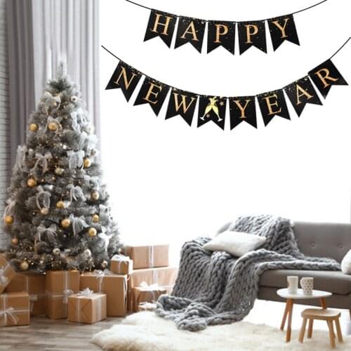 JQSYRISE 1Set Black Happy New Year Banner New Year Eve Decoration 2021 New Year Party Bunting Garland Home Christmas Supplies