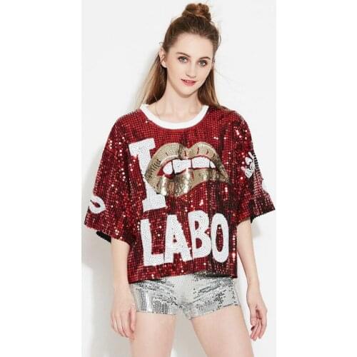 H80&S90 Hip-Hop T-Shirt Woman Sequin Costumes Loose Paillette Jazz Fashion Tee Tops Women Bar Club Top Pole Dancing T Shirt