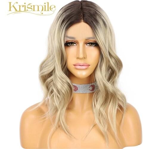 Krismile Ombre Blonde Synthetic Lace Wigs Short Wave T Middle Part Wig Party Daily for Women Make Up Celebrity Heat Resistant