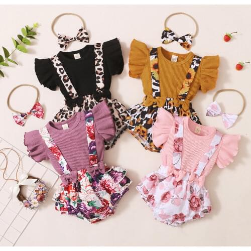 Summer Cute Girls Clothes Sets Newborn Infant Baby Ribbed Fly Sleeve T-Shirt Flower Print Suspender Skirt Headband 3pcs Outfits