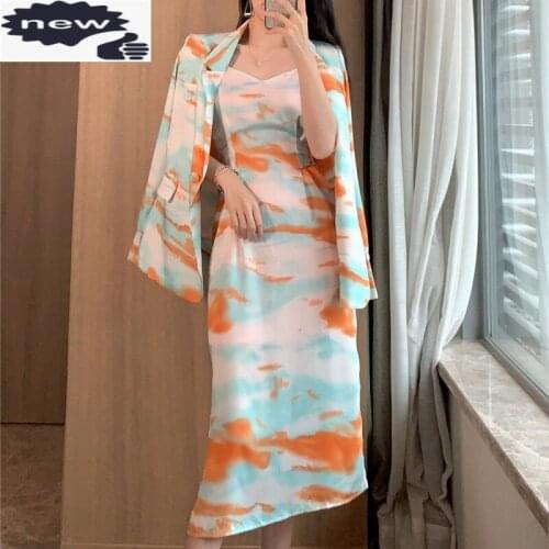 Fashion Summer Lace Up Slim Straps Dress Elegant Loose Fit Long Sleeve Designer Blazers Office Casual Women 2 Piece Suit Set