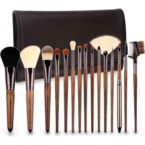 ZOREYA Currently Available 15 Makeup Brush Set Black Walnut Wooden Handle Nylon Wool Makeup Set Cosmetic Gift for Women ZP15
