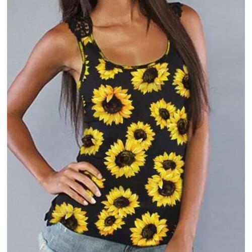 New Tank Tops Crew Neck Sleeveless Sunflower Sexy Top Cute Women Prints Lace Splicing Open Back Tank Summer Tops