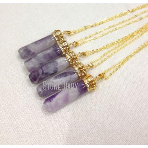 H-QN97 Hot Crystal Crown Necklace Gold Chain Healing Crystal Amethysts Cylinder Point Round Opal Pendant Charm Necklace