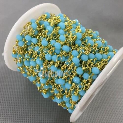 3x4mm Gold Electroplated Faceted Rondelle Beads Copper, Turquoises Blue Glass Crystal Chain Rosary RC4754