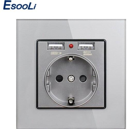 Esooli Crystal Glass Panel Dual USB Charging Port 2.1A 16A Russia Spain Wall Socket EU Power Outlet White/Black/Gold/Grey