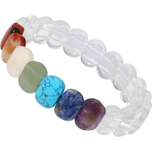 SUNYIK Rock Quartz Crystal 7 Chakra Stone Oval Beads Stretch Bracelet Bangle 8.5"