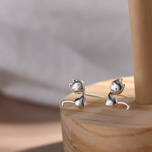 Cute Cat Stud Earrings For Women Metal Copper Brushed Small Animal Ear Partner Simple Temperament Korean Student Jewelry Trend