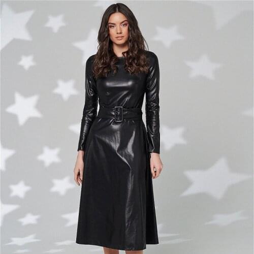 Fashion Womens Dresses 2020 Leather PU Belt Elegant Party Black Dress Autumn Winter Plus Size Long Sleeve Maxi Dresses Clothing
