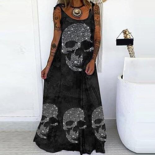 Gothic Women Party Dresses Skull Print Plus Size Spaghetti Strap Dress Long Round Neck Pullover Casual Street Dress Лонгслив