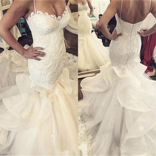 Sexy Spaghetti Strap Mermaid Wedding Dresses Long Train Sweetheart Luxury Wedding Gown robe de mariee vestidos de novia