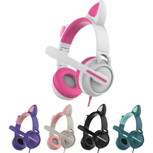 Zw-058 Glow Cat Ear Wired Headphones Stereo Gaming Headset with Mic Lightweight over Ear Headphones for Girl