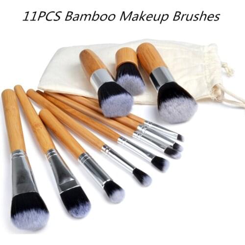 11PCS Bamboo Makeup Brushes Set with Bag for Foundation Cosmetics Make Up Brush Tools Kit for Powder Blusher Eye Shadow