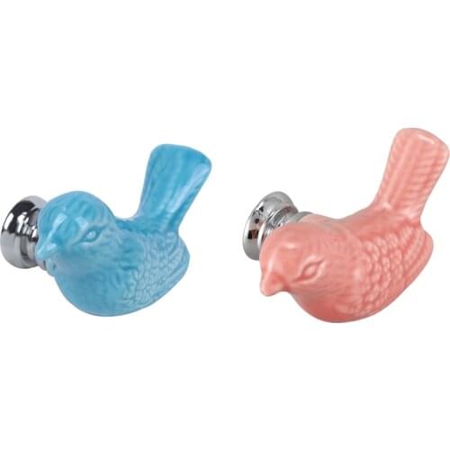 2PCS Bird Kitchen Cabinet Cupboard Ceramic Door Handles Drawer Knobs Wardrobe Pulls Blue & Pink