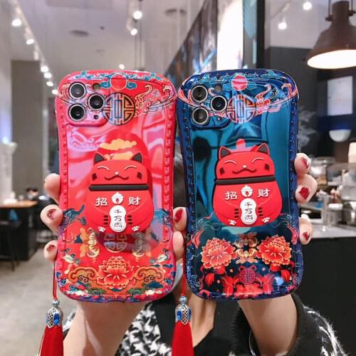 Blu-Ray Tpu Lucky Cat Cute Cartoon Mobile Phone Case for IPhone 11 12pro 11promax XS XR Drop Protection Cover with Bracket