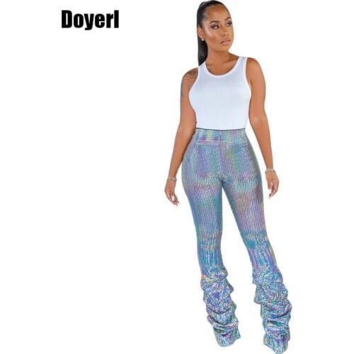 Glitter Stacked Pants Women High Waist Layered Ruched Pants Streetwear Spring Elegant Slim Nightclub Sexy Trousers Summer Pants