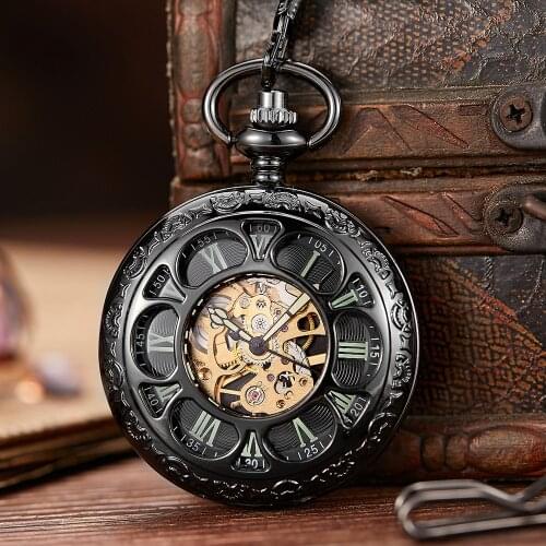 Antique Hollow Mechanical Pocket Watch Black Luminous Hand Winding Fob Watch Chain Pendants Skeleton Steampunk Clock Collection