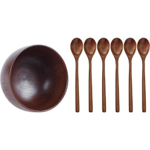 Wooden Bowls Wooden Soup Bowl & Wooden Spoons, 6 Pieces Wood Soup Spoons for Eating Mixing Stirring Cooking, Long Handle