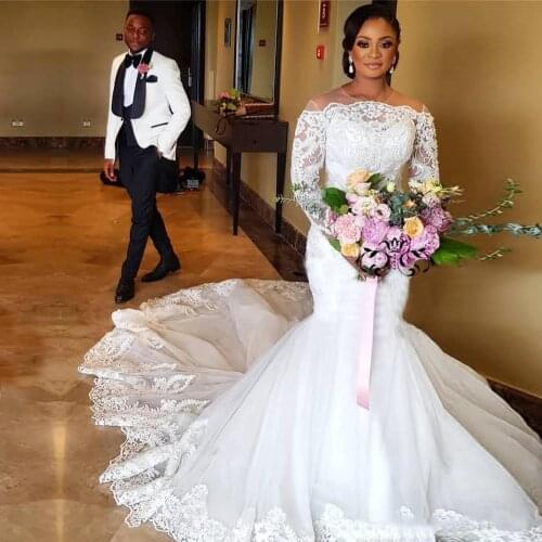 H333 Long Sleeves Mermaid Wedding Dress Boho 2021 White Tulle Lace Appliques Wedding Gowns Dubai Africa Arabic Bride Dresses